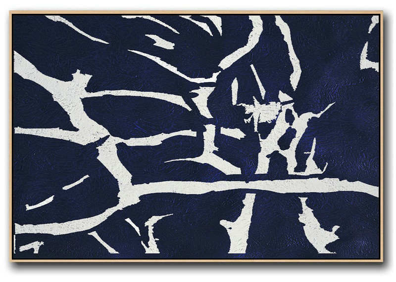 Large Living Room Wall Decor,Horizontal Navy Painting Abstract Minimalist Art On Canvas,Large Paintings For Living Room